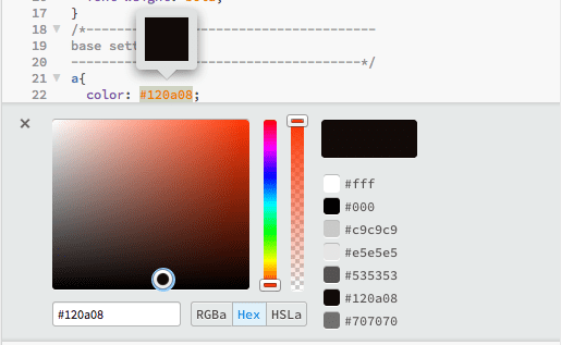 Bracketsのクイックエディット機能の一例。CSS colorプロパティが書かれたところにマウスを乗せると色の編集画面が表示される