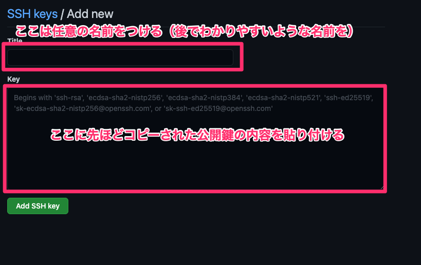 公開鍵を登録する際のGitHubの設定画面