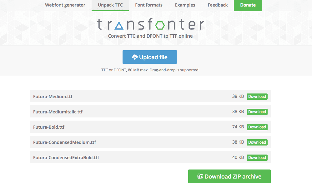 transfonterでファイルをダウンロードする画面